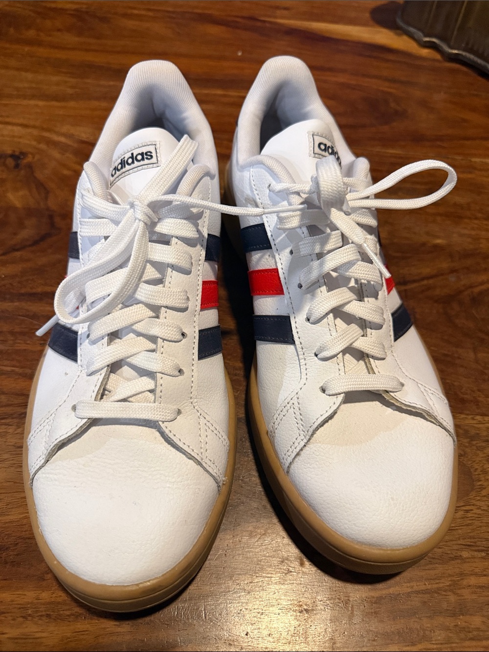 adidas White Leather Sneakers with Navy & Red Stripe Accents